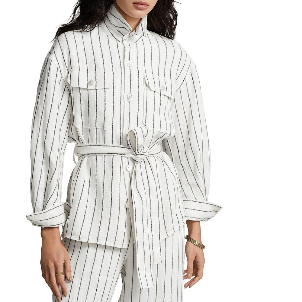 Polo Ralph Lauren Women's Belted Striped Linen Utility Shirt White B4HP